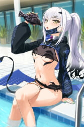 Rule 34 | 1girl, bikini, black bikini, black jacket, breasts, cropped jacket, crossed legs, dragon wings, fate/grand order, fate (series), forked eyebrows, high ponytail, highres, jacket, kamo ashi, long hair, long sleeves, looking at viewer, mask, melusine (fate), melusine (swimsuit ruler) (fate), melusine (swimsuit ruler) (first ascension) (fate), mouth mask, navel, open mouth, pool, poolside, pubic tattoo, shrug (clothing), sidelocks, sitting, small breasts, solo, swimsuit, tail, tattoo, thighs, white hair, wings, yellow eyes