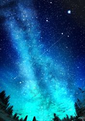 Rule 34 | amatsuki rei, bad id, bad twitter id, blue theme, commentary request, forest, highres, milky way, nature, night, night sky, no humans, outdoors, scenery, shooting star, signature, sky, star (sky), starry sky