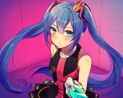 Rule 34 | 1girl, bare shoulders, black dress, blue hair, blue necktie, blush, breasts, chisumi, closed mouth, collarbone, commentary, crown, dress, gloves, green eyes, hair between eyes, hair ornament, hatsune miku, kimagure mercy (vocaloid), long hair, looking at viewer, mini crown, necktie, necktie grab, neckwear grab, pleated dress, sidelocks, sleeveless, sleeveless dress, small breasts, solo, tilted headwear, twintails, very long hair, vocaloid, white gloves