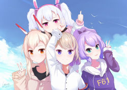 Rule 34 | 4girls, :d, absurdres, alternate costume, animal ears, aqua eyes, arm up, ayanami (azur lane), azur lane, bird, black shirt, blue eyes, blue sky, brown hair, casual, cloud, cloudy sky, collared shirt, commentary request, contemporary, fake animal ears, hair ribbon, headgear, highres, hood, hooded sweater, huge filesize, jacket, javelin (azur lane), laffey (azur lane), light brown hair, long hair, long sleeves, looking at viewer, multiple girls, open mouth, orange eyes, ponytail, purple hair, rabbit ears, red eyes, retrofit (azur lane), ribbon, shirt, short hair, sky, smile, sweater, thumbs up, twintails, v, wei xin, white shirt, z23 (azur lane)