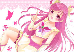 Rule 34 | 1girl, absurdres, animal print, blush, butterfly ornament, butterfly print, commentary, cure dream, floral print, hair ornament, hair rings, highres, long hair, looking at viewer, midriff, navel, patterned background, pink eyes, pink hair, precure, rose print, skirt, smile, solo, stomach, swept bangs, w, white background, yellow crop top, yellow legwear, yellow skirt, yes! precure 5, yumehara nozomi, yumezuki ririna