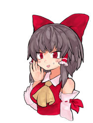 Rule 34 | 1girl, ascot, blush, bow, breasts, brown hair, collared shirt, commentary request, cookie (touhou), cropped torso, detached sleeves, frilled hair tubes, frills, hair bow, hair tubes, hakurei reimu, hand up, kanakamei1, looking at viewer, medium bangs, medium breasts, medium hair, open mouth, red bow, red eyes, red shirt, reu (cookie), ribbon-trimmed sleeves, ribbon trim, sarashi, shirt, sidelocks, simple background, sleeveless, sleeveless shirt, smile, solo, touhou, upper body, white background, white sleeves, yellow ascot