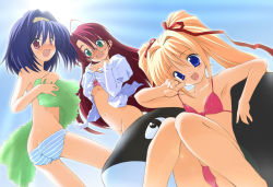 Rule 34 | 3girls, :d, :o, ahoge, armpits, ass, azuki (munekyun!), back, bikini, blonde hair, blue eyes, blue hair, blue panties, blush, bottomless, bow, bow bra, bra, breasts, butt crack, covering breasts, covering privates, day, dress shirt, embarrassed, flat chest, glasses, green eyes, groin, hair intakes, hairband, haruka (munekyun!), highres, izumi (munekyun!), lingerie, long hair, looking back, medium breasts, multiple girls, munekyun! heart de koi shi-te-ru, navel, open clothes, open mouth, open shirt, orca, outdoors, own hands clasped, own hands together, ozawa akifumi, panties, pink bra, pink eyes, pink hair, purple eyes, red eyes, shirt, short hair, sitting, sky, small breasts, smile, standing, strap pull, striped clothes, striped panties, sun, surprised, swimsuit, tears, topfreedom, topless, towel, twintails, underboob, underwear, underwear only, very long hair