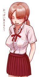 Rule 34 | 1girl, blush, breasts, brown hair, dress shirt, hair ornament, hairclip, highres, japanese text, kamisuki, large breasts, nipples, ribbon, school uniform, see-through, shirt, skirt, solo, translation request, twintails, unbuttoned, unbuttoned shirt
