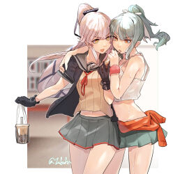 Rule 34 | 2girls, black jacket, black ribbon, blush, breasts, camisole, drink, drinking, drinking straw, drinking straw in mouth, fuwafuwatoufu, green hair, green skirt, grey sailor collar, grey skirt, hair ribbon, highres, holding, holding drink, jacket, kantai collection, long hair, medium breasts, multiple girls, navel, official alternate costume, one-hour drawing challenge, open clothes, open jacket, open mouth, pink hair, pleated skirt, ponytail, ribbon, sailor collar, short sleeves, skirt, twitter username, very long hair, white camisole, white ribbon, yellow eyes, yura (kancolle), yura kai ni (kancolle), yuubari (kancolle)