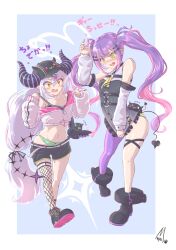 Rule 34 | 2girls, ankle cuffs, bare shoulders, bibi (tokoyami towa), black footwear, black tank top, breasts, coat, cosplay, costume switch, cropped jacket, crow (la+ darknesss), demon tail, detached sleeves, ear piercing, fake horns, fang, fishnet thighhighs, fishnets, green eyes, hair ornament, hat ornament, highres, hololive, horned headwear, horns, jacket, la+ darknesss, la+ darknesss (1st costume), la+ darknesss (cosplay), leg tattoo, looking at viewer, multiple girls, navel, navel piercing, open mouth, panties, paw print, paw print pattern, piercing, print panties, purple coat, purple thighhighs, single thighhigh, small breasts, syam illust, tail, tail ornament, tail piercing, tank top, tattoo, tears, thighhighs, tokoyami towa, tokoyami towa (1st costume), tokoyami towa (cosplay), twintails, underwear, virtual youtuber, white jacket