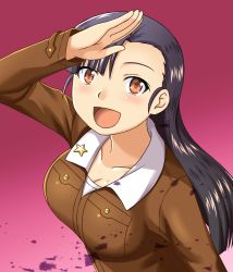Rule 34 | 1girl, asymmetrical bangs, beni (bluebluesky), black hair, blush, breasts, chi-hatan military uniform, cleavage, dutch angle, girls und panzer, highres, large breasts, long hair, looking at viewer, nishi kinuyo, pink background, salute, smile, solo