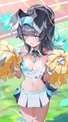 Rule 34 | 1girl, black hair, blue archive, blue eyes, breasts, bright pupils, cheering, cheerleader, cleavage, clothes writing, cowboy shot, day, detached collar, eyewear on head, halo, halterneck, hibiki (blue archive), hibiki (cheer squad) (blue archive), highres, holding, holding pom poms, kainown, large breasts, long hair, looking at viewer, millennium cheerleader outfit (blue archive), navel, official alternate costume, open mouth, outdoors, pom pom (cheerleading), pom poms, ponytail, safety glasses, skirt, solo, white pupils, white skirt, yellow halo