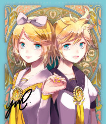 Rule 34 | 1boy, 1girl, :d, alternate costume, anniversary, aqua background, arm at side, bass clef, blonde hair, blue eyes, brother and sister, close-up, english text, fingernails, hair ornament, hair ribbon, hairclip, holding hands, hands up, happy, highres, kagamine len, kagamine rin, long sleeves, looking at viewer, musical note, nail polish, open mouth, ribbon, sailor collar, shirt, short hair, short sleeves, siblings, signature, simple background, smile, text focus, treble clef, twins, upper body, vocaloid, white ribbon, white shirt, yellow nails, yuu (arcadia)