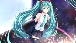 Rule 34 | 1girl, bad id, bad pixiv id, black footwear, black skirt, black sleeves, blue eyes, blue hair, blue necktie, boots, closed mouth, collared shirt, detached sleeves, floating hair, hatsune miku, highres, leg up, long hair, long sleeves, looking at viewer, miniskirt, musical note, necktie, pleated skirt, ponyaru, shiny footwear, shirt, skirt, sleeveless, sleeveless shirt, smile, solo, standing, standing on one leg, thigh boots, thighhighs, very long hair, vocaloid, white shirt, wing collar, zettai ryouiki