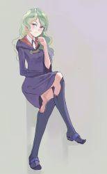 Rule 34 | 10s, 1girl, absurdres, ashy@, blue eyes, boots, diana cavendish, green hair, highres, crossed legs, little witch academia, long hair, looking at viewer, multicolored hair, simple background, sitting, skirt, solo, two-tone hair, witch