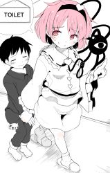Rule 34 | 1boy, 1girl, barefoot, black hair, blush, child, closed eyes, closed mouth, commentary request, english text, full body, hairband, heart, hetero, highres, holding hands, komeiji satori, lolimate, long sleeves, looking at another, looking back, monochrome, pink eyes, pink hair, pointing, short hair, sleepwear, slippers, smile, socks, speech bubble, spot color, standing, sweat, tears, third eye, touhou, walking, wide sleeves