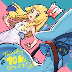 Rule 34 | !, 1girl, :&gt;, blonde hair, blush, braid, closed mouth, clothed pokemon, cosmog, creatures (company), dress, eyelashes, game freak, gen 7 pokemon, green eyes, highres, kinocopro, legendary pokemon, lillie (pokemon), long hair, looking to the side, milestone celebration, nintendo, open mouth, pokemon, pokemon (creature), pokemon usum, sleeveless, sleeveless dress, smile, spoken exclamation mark, strap, sweatdrop, thank you, twin braids, two-tone background, white dress, yellow eyes