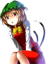 Rule 34 | 1girl, :o, animal ears, bad id, bad pixiv id, brown hair, cat ears, cat tail, chen, earrings, jewelry, juji, multiple tails, nekomata, red eyes, shirt, short hair, skirt, solo, tail, touhou, two tails, vest