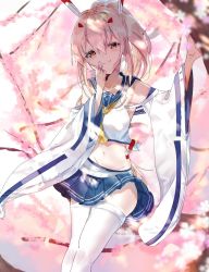 Rule 34 | 1girl, ayanami (azur lane), azur lane, bare shoulders, belt, blue sailor collar, blush, breasts, cherry blossoms, collarbone, commentary request, cowboy shot, crop top, groin, hair between eyes, hair ornament, headgear, high ponytail, highres, holding, holding petal, in tree, jinbei (user tpny4757), long hair, looking at viewer, medium breasts, midriff, navel, neckerchief, orange eyes, petals, platinum blonde hair, pleated skirt, ponytail, retrofit (azur lane), ribbon-trimmed sleeves, ribbon trim, sailor collar, shirt, sidelocks, skirt, smile, solo, standing, thighhighs, tied shirt, tree, tree shade, white belt, white shirt, white thighhighs, wide sleeves, yellow neckerchief, zettai ryouiki