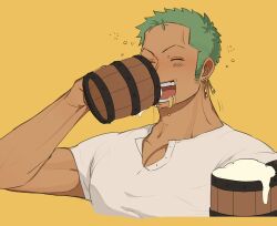 Rule 34 | 1boy, ^ ^, alcohol, bara, beer, beer mug, blush, closed eyes, cropped torso, cup, dark-skinned male, dark skin, drinking, drunk, earrings, green hair, happy, hd189733b, highres, jewelry, long sideburns, male focus, motion lines, mug, one piece, pectoral cleavage, pectorals, roronoa zoro, scar, scar across eye, short hair, sideburns, single earring, solo, squeans, v-neck, yellow background