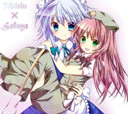 Rule 34 | 2girls, apron, bad id, bad pixiv id, blue eyes, bow, braid, carrying, character name, chinese clothes, dress, gradient background, green eyes, hair bow, hand on another&#039;s shoulder, hat, hikobae, hong meiling, izayoi sakuya, light purple hair, light smile, long hair, looking at viewer, maid headdress, multiple girls, open mouth, pantyhose, polka dot, polka dot background, princess carry, red hair, sash, short hair, star (symbol), touhou, twin braids, waist apron