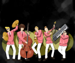 Rule 34 | 5boys, afro, bass guitar, batch, beard, black hair, blonde hair, brown hair, cymbals, dcmc, double bass, duster (mother), facial hair, formal, glasses, guitar, instrument, keyboard, keyboard (instrument), magic (mother), male focus, mother (game), mother 3, multiple boys, mustache, nintendo, oj, saxophone, shimmy zmizz, suit, sunglasses, synthesizer