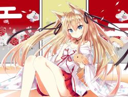 Rule 34 | 1girl, animal, animal ear fluff, animal ears, bare legs, bare shoulders, blue eyes, blush, boat, brown ribbon, cat ears, cat tail, chinese zodiac, closed mouth, commentary request, egasumi, floral print, fox ears, hair between eyes, hair ribbon, head tilt, highres, hizaka, japanese clothes, kimono, leaning back, light brown hair, long hair, long sleeves, looking at viewer, off shoulder, original, pleated skirt, print kimono, red skirt, ribbon, sitting, skirt, solo, tail, two side up, very long hair, watercraft, white kimono, year of the pig