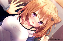 Rule 34 | 1girl, bare shoulders, blush, breasts, brown hair, cat hair ornament, commentary request, copyright request, hair between eyes, hair ornament, large breasts, long hair, long sleeves, lying, nose blush, off shoulder, official art, on back, open mouth, out of frame, purple eyes, shirt, shiwasu horio, solo focus, white shirt