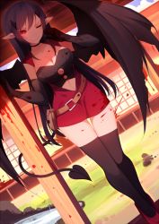 Rule 34 | 1girl, black hair, black thighhighs, black wings, collarbone, demon girl, demon tail, demon wings, heart, heart tail, long hair, looking at viewer, original, outdoors, pillar, pointy ears, red eyes, rizky (strated), solo, tail, thigh gap, thighhighs, very long hair, wings, zettai ryouiki
