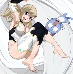 Rule 34 | 1girl, armpits, arms up, ass, blonde hair, blue eyes, breasts, cat, cleavage, cleavage cutout, clothing cutout, colorized, earrings, eden&#039;s zero, feet, female focus, gaston18, hair ornament, hairclip, happy (eden&#039;s zero), highres, jewelry, large breasts, looking at viewer, mashima hiro, open mouth, rebecca bluegarden, red ribbon, ribbon, simple background, twintails