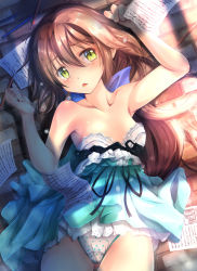 Rule 34 | 1girl, armpits, arms up, bare shoulders, blue dress, breasts, brown hair, clenched hands, dress, eiyuu densetsu, falcom, gc3, gluteal fold, green eyes, highres, long hair, lying, on back, on floor, open mouth, panties, paper, polka dot, polka dot panties, sen no kiseki, short dress, small breasts, solo, strapless, strapless dress, tears, towa herschel, underwear, white panties
