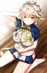 Rule 34 | 1girl, barefoot, braid, breasts, brown eyes, cleavage cutout, clothing cutout, cloud print, crop top, from above, highres, hip vent, indoors, kantai collection, katsuobushi (eba games), large breasts, long hair, looking at viewer, microskirt, on floor, silver hair, single braid, sitting, skirt, solo, unryuu (kancolle), very long hair, waking up, wariza, wavy hair, wooden floor