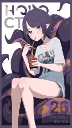 Rule 34 | 1girl, absurdres, animal ears, black hair, blunt bangs, blush, border, character name, commentary, cup ramen, daydarion, dolphin shorts, eating, english commentary, grey eyes, grey shorts, highres, hololive, hololive english, instant ramen, looking at viewer, mole, mole under eye, ninomae ina&#039;nis, ninomae ina&#039;nis (loungewear), official alternate costume, pointy ears, purple border, shirt, short hair, short shorts, short sleeves, shorts, sitting, solo, t-shirt, tentacles, virtual youtuber, white shirt