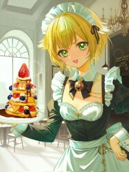 Rule 34 | 1girl, :d, alternate costume, apron, bell, black bow, black dress, black ribbon, blonde hair, blueberry, bow, chandelier, colored tips, denonbu, detached collar, dress, earrings, enmaided, feizhiji, flat chest, food, fruit, green eyes, hair ears, hand on own hip, highres, holding, holding plate, indoors, jewelry, jingle bell, juliet sleeves, long sleeves, looking at viewer, maid, maid headdress, multicolored hair, open mouth, pancake, pancake stack, plate, puffy sleeves, ribbon, short hair, smile, solo, standing, strawberry, taiga lucia, waist apron, white apron, white hair, window