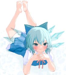Rule 34 | 1girl, absurdres, barefoot, blue bow, blue dress, blue eyes, blue hair, blush, bow, breasts, cirno, dress, feet up, hair bow, highres, ice, ice wings, interlocked fingers, looking at viewer, lying, mikan (manmarumikan), on stomach, red ribbon, ribbon, short hair, simple background, small breasts, smile, soles, solo, the pose, toes, touhou, translucent, v-shaped eyebrows, white background, wings