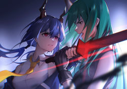 Rule 34 | 2girls, arknights, bare shoulders, black gloves, blue background, blue hair, blue jacket, ch&#039;en (arknights), chi xiao (arknights), clenched teeth, dragon horns, fengtu ad, fingerless gloves, from side, gloves, green hair, hair between eyes, highres, holding, holding sword, holding weapon, horns, hoshiguma (arknights), jacket, long hair, looking at another, multiple girls, necktie, off shoulder, open mouth, profile, red eyes, shirt, single horn, sleeveless, sleeveless shirt, sword, teeth, upper body, weapon, white shirt, wing collar, yellow neckwear