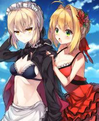 Rule 34 | &gt;:o, 10s, 40 (0f0urw), :/, :o, ahoge, apron, artoria pendragon (all), artoria pendragon (alter swimsuit rider) (fate), artoria pendragon (alter swimsuit rider) (second ascension) (fate), artoria pendragon (fate), blonde hair, blue sky, blush, breasts, closed mouth, cloud, cloudy sky, collarbone, day, dress, dress swimsuit, fate/extra, fate/grand order, fate (series), flower, frilled apron, frills, hair flower, hair intakes, hair ornament, hair ribbon, highres, hood, hoodie, jitome, looking at another, maid headdress, medium breasts, navel, nero claudius (fate), nero claudius (fate) (all), nero claudius (fate/extra), official alternate costume, one-piece swimsuit, open clothes, open hoodie, open mouth, red dress, red flower, red one-piece swimsuit, ribbon, saber alter, sidelocks, sky, small breasts, swimsuit, upper body, v-shaped eyebrows, waist apron, yellow eyes