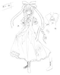 Rule 34 | 1girl, ascot, boots, character name, concept art, dress, expressionless, female focus, frills, front ponytail, full body, greyscale, hair ribbon, highres, kagiyama hina, lineart, monochrome, puffy sleeves, ribbon, sketch, solo, standing, touhou, white background