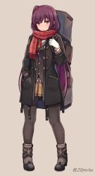 Rule 34 | 1girl, bag, black coat, black footwear, black jacket, black pantyhose, blazer, blush, boots, brown background, brown pantyhose, buttons, casual, closed mouth, coat, enpera, floral print, fringe trim, full body, girls&#039; frontline, gloves, hair ornament, hand in pocket, hand up, highres, jacket, legs apart, long coat, long hair, long sleeves, looking at viewer, manme, miniskirt, official alternate costume, one side up, open clothes, open coat, pantyhose, pleated skirt, purple hair, red eyes, red scarf, scarf, shirt, sidelocks, simple background, skirt, solo, standing, strap, twitter username, undershirt, very long hair, wa2000 (date in the snow) (girls&#039; frontline), wa2000 (girls&#039; frontline), white gloves, white shirt, winter clothes, yellow skirt