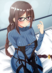 Rule 34 | 1girl, blush, braid, breasts, brown hair, commentary request, ear piercing, fate/grand order, fate (series), from above, glasses, hair between eyes, hair ornament, hair scrunchie, highres, long braid, long hair, long sleeves, looking at viewer, nishimura pn, piercing, red eyes, scrunchie, single braid, sitting, solo, striped clothes, striped sweater, sweater, very long hair, yellow scrunchie, yu mei-ren (fate), yu mei-ren (first ascension) (fate)