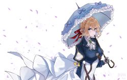 Rule 34 | 1girl, artist name, bad id, bad pixiv id, blonde hair, blue eyes, blue jacket, braid, breasts, brooch, closed mouth, dress, hair between eyes, hair ornament, hair ribbon, highres, holding, holding umbrella, jacket, jewelry, kch22, long hair, long sleeves, looking at viewer, mechanical, mechanical arms, medium breasts, petals, puffy sleeves, ribbon, simple background, single mechanical arm, solo, standing, umbrella, violet evergarden, violet evergarden (series), white background, white neckwear