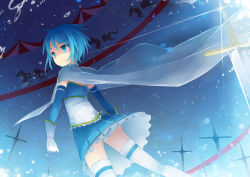 Rule 34 | 10s, 1girl, ass, blue eyes, blue hair, cape, detached sleeves, fred04142, from behind, gloves, mahou shoujo madoka magica, mahou shoujo madoka magica (anime), matching hair/eyes, miki sayaka, panties, pantyshot, short hair, skirt, solo, standing, sword, thighhighs, underwear, upskirt, weapon, white thighhighs