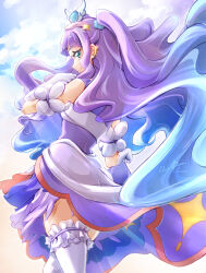 Rule 34 | 1girl, aqua eyes, artist name, clear glass (mildmild1311), cloud, commentary request, cure majesty, dress, ellee-chan, eyelashes, gloves, hair ornament, happy, highres, hirogaru sky! precure, long hair, looking at viewer, magical girl, precure, purple dress, purple hair, signature, smile, solo, standing, thighhighs, thighs, twitter username, white gloves, white thighhighs
