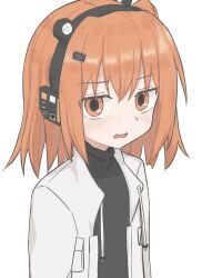 Rule 34 | 1girl, a.i. voice, anmitsu kina, black shirt, commentary, computer chip, drawstring, hair ornament, headlamp, headphones, highres, jacket, lens eye, looking at viewer, medium hair, one side up, open clothes, open jacket, open mouth, orange eyes, orange hair, shirt, simple background, solo, text in eyes, turtleneck, upper body, utau, white background, white jacket