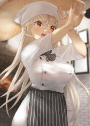Rule 34 | 1girl, blurry, blurry background, blush, brown eyes, chef, conte di cavour (kancolle), dress, food, highres, indoors, kantai collection, light brown hair, long hair, open mouth, pizza, short sleeves, solo, toka (marchlizard), white dress