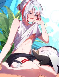 Rule 34 | 1girl, 1other, adapted costume, alternate costume, artist name, bare legs, bare shoulders, black shorts, blue eyes, blush, breasts, clothes lift, commentary request, hair between eyes, highres, honkai: star rail, honkai (series), hot, looking ahead, medium breasts, multicolored hair, nara nakiri, navel, numby (honkai: star rail), ponytail, shirt, shirt lift, shorts, sitting, solo, stomach, streaked hair, sweat, thigh strap, topaz (honkai: star rail), trotter (honkai: star rail), underboob, wariza, white hair, white shirt