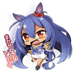 Rule 34 | 1girl, :d, animal ears, blue footwear, blue hair, blue neckerchief, blush, boots, breasts, brown eyes, chibi, commentary request, dark-skinned female, dark skin, dress, fang, hair between eyes, hishi amazon (umamusume), horse ears, horse girl, long hair, long sleeves, looking at viewer, neckerchief, off-shoulder dress, off shoulder, open mouth, shachoo., small breasts, smile, solo, standing, standing on one leg, translation request, umamusume, very long hair, white background, white dress, wide sleeves