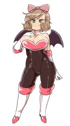 Rule 34 | 10s, 1girl, bare shoulders, bat wings, blush stickers, bodysuit, boots, bow, breasts, brown hair, bursting breasts, cleavage, contrapposto, cosplay, covered navel, curly hair, full body, gloves, green eyes, hair bow, hand on breast, haruka (senran kagura), heart, hip focus, inkerton-kun, knee boots, large breasts, light smile, looking at viewer, rouge the bat, rouge the bat (cosplay), senran kagura, short hair, simple background, smile, solo, sonic (series), standing, swept bangs, unitard, white background, white footwear, white gloves, wings