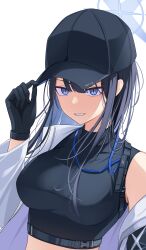 Rule 34 | 1girl, absurdres, baseball cap, black gloves, black hair, black hat, black shirt, blue archive, blue eyes, blue hair, breasts, colored inner hair, gloves, grin, hat, highres, jacket, large breasts, long hair, long sleeves, multicolored hair, open clothes, open jacket, saori (blue archive), shirt, simple background, siranui desu, sleeveless, sleeveless shirt, smile, solo, upper body, white background, white jacket