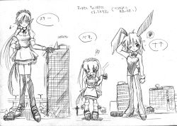 Rule 34 | 3girls, building, bus, child, giant, giantess, hand crush, holding hands, kemo, leotard, maid, monochrome, motor vehicle, multiple girls, playboy bunny, size comparison, smile, truck