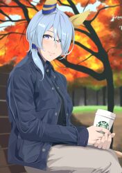 Rule 34 | 1girl, absurdres, alternate costume, animal ears, autumn leaves, bespectacled, black shirt, blue hair, blue jacket, blurry, blurry background, brown pants, coffee cup, commentary request, cup, disposable cup, ear covers, ear ornament, glasses, hair ornament, highres, holding, holding cup, horse ears, horse girl, jacket, k.s.miracle (umamusume), kumabachi315, light blue hair, long sleeves, medium hair, on bench, open clothes, open jacket, outdoors, pants, purple eyes, semi-rimless eyewear, shirt, short ponytail, sitting, solo, tree, umamusume, upper body, wooden bench