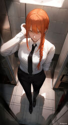 Rule 34 | 1girl, ai-assisted, black footwear, black necktie, black pants, braid, buttoned cuffs, buttons, chainsaw man, commentary request, deltapork, full body, highres, indoors, long hair, long sleeves, looking at viewer, makima (chainsaw man), necktie, orange hair, pants, shirt, shoes, solo, standing, white shirt