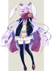 Rule 34 | 1girl, animal ears, black jacket, black thighhighs, blazer, blush, brown footwear, cardigan, commentary, covered mouth, earclip, highres, jacket, long hair, looking at viewer, miniskirt, necktie, nikorashi-ka, one eye closed, pink eyes, purple hair, purple scarf, rabbit ears, rabbit ornament, red necktie, reisen udongein inaba, scarf, shoes, skirt, solo, sweater, thighhighs, touhou, very long hair, white skirt, yellow sweater