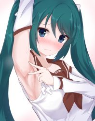 Rule 34 | 1girl, arm up, armpit peek, blue eyes, commentary request, detached sleeves, green eyes, headband, highres, isuzu (kancolle), k knakomochi008, kantai collection, long hair, looking at viewer, neckerchief, red neckerchief, red sailor collar, sailor collar, school uniform, serafuku, simple background, solo, twintails, upper body, white background